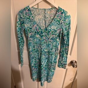 Lilly Pulitzer Turquoise Floral Print Long Sleeve V-Neck Dress